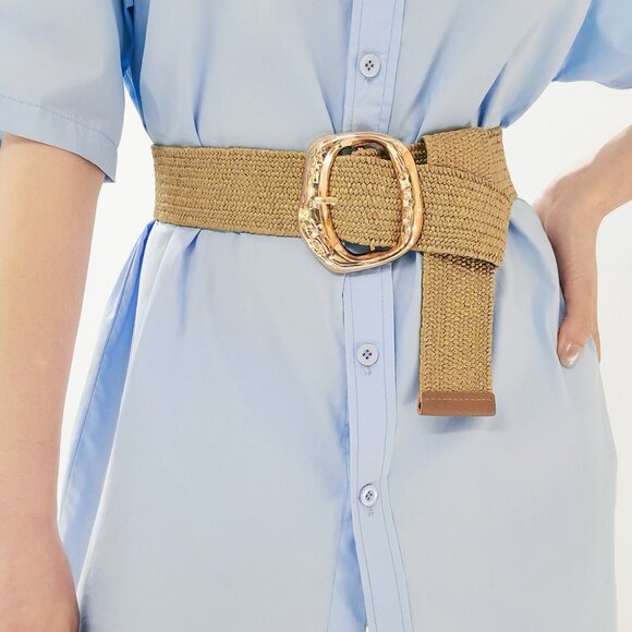 2/$30 Wide Woven Straw Belt Gold Tone Buckle Waist Cincher For Tunic Dress Coat - Picture 1 of 11